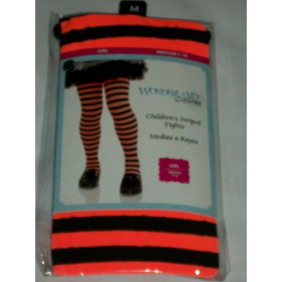 Wonderland Halloween Childs Orange Black Striped Tights Med 7-10 Opaque Girls - Picture 3 of 3